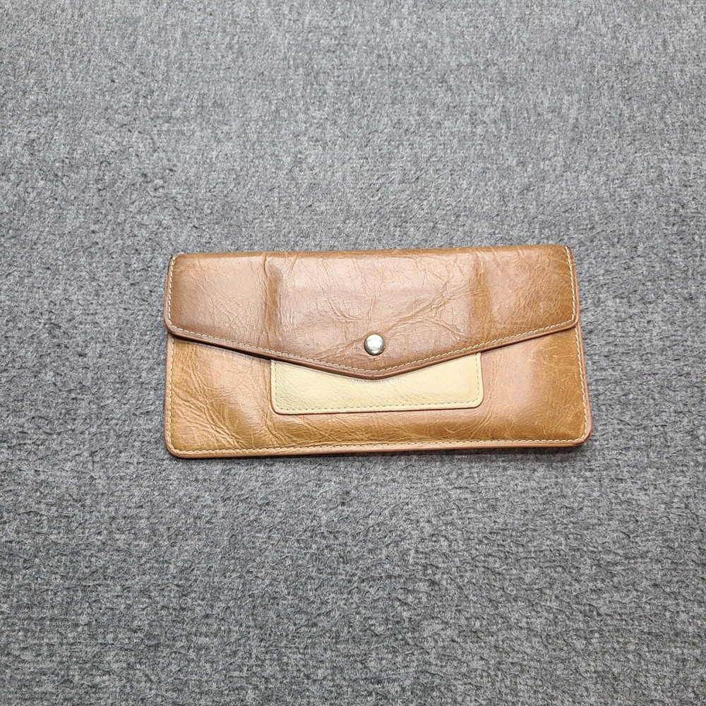 Tignanello Brown Leather Envelope Clutch Wallet Paisley Lined‎ Snap Closure